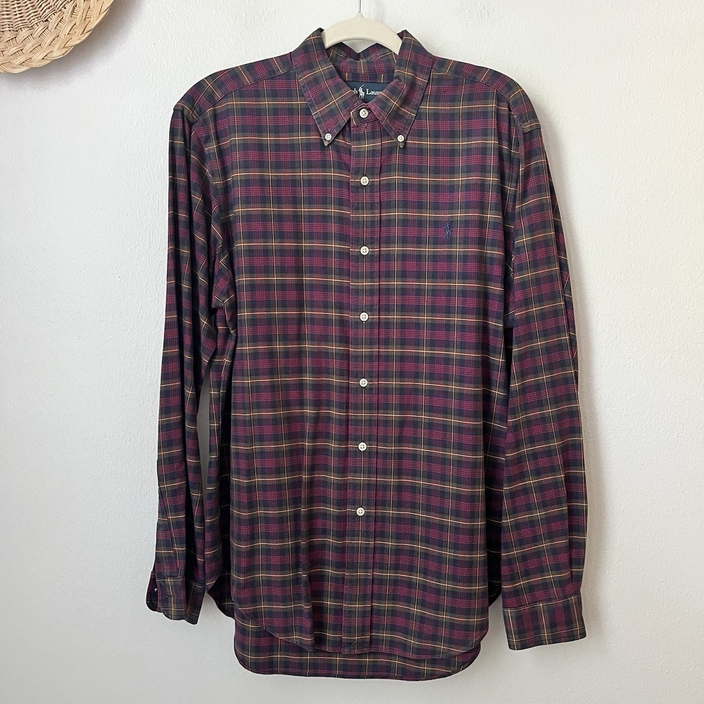 Y2k Ralph Lauren classic fit red blue plaid mens button long sleeve Xtra Long M